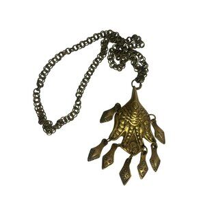 VTG Brass Statement Necklace Tribal Pendant with Chunky Chain & Dangling Accents